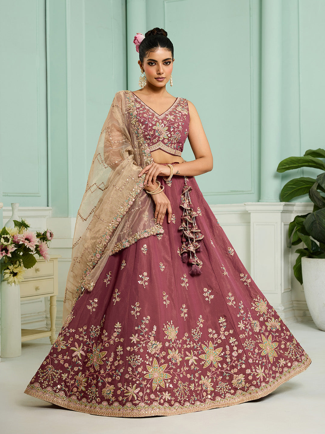 Rosegold- Georgette Fabric Sequins embroidery Semi-Stitched Lehenga & Unstitched Blouse With Dupatta - qivii