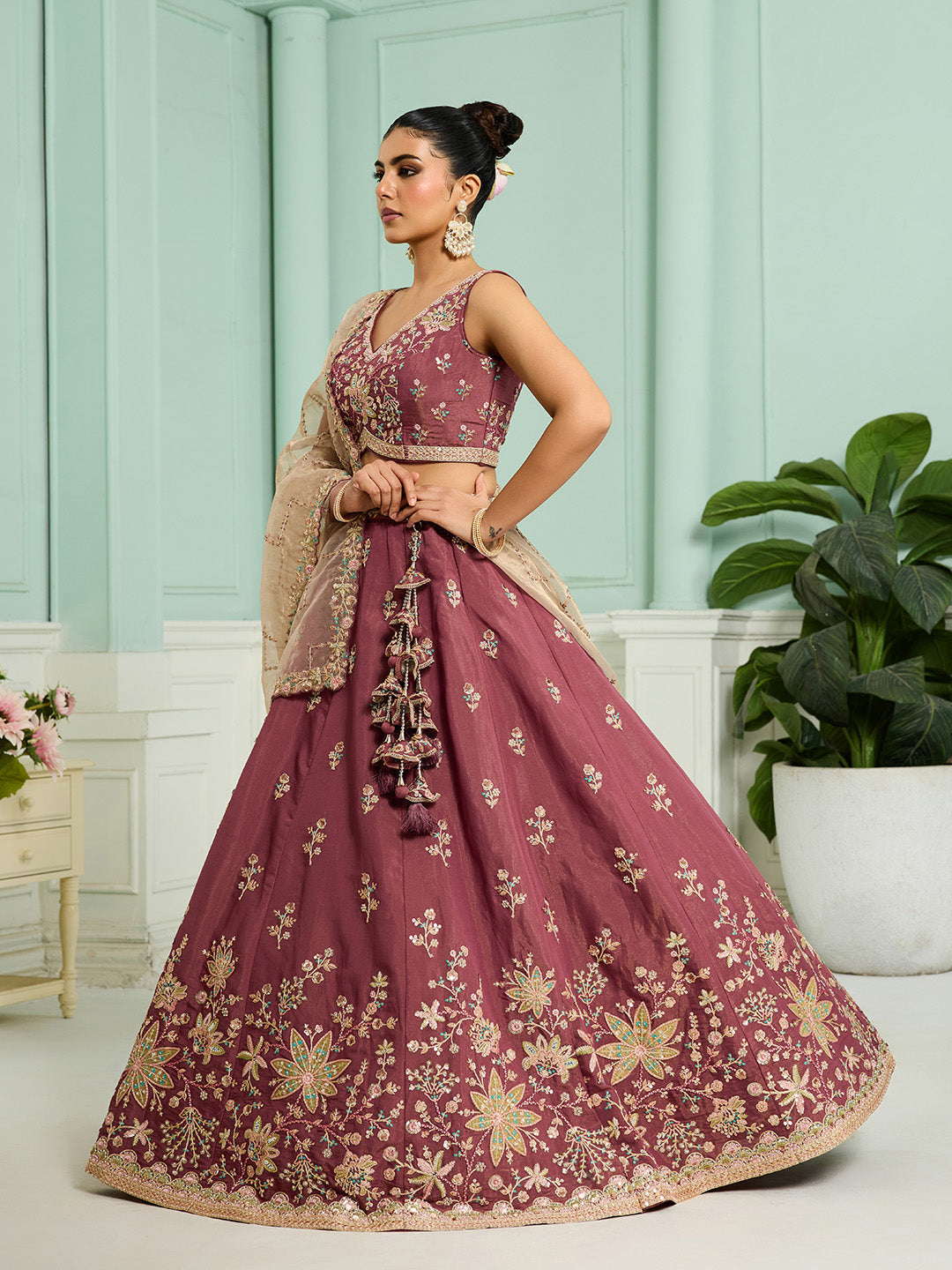 Rosegold- Georgette Fabric Sequins embroidery Semi-Stitched Lehenga & Unstitched Blouse With Dupatta - qivii