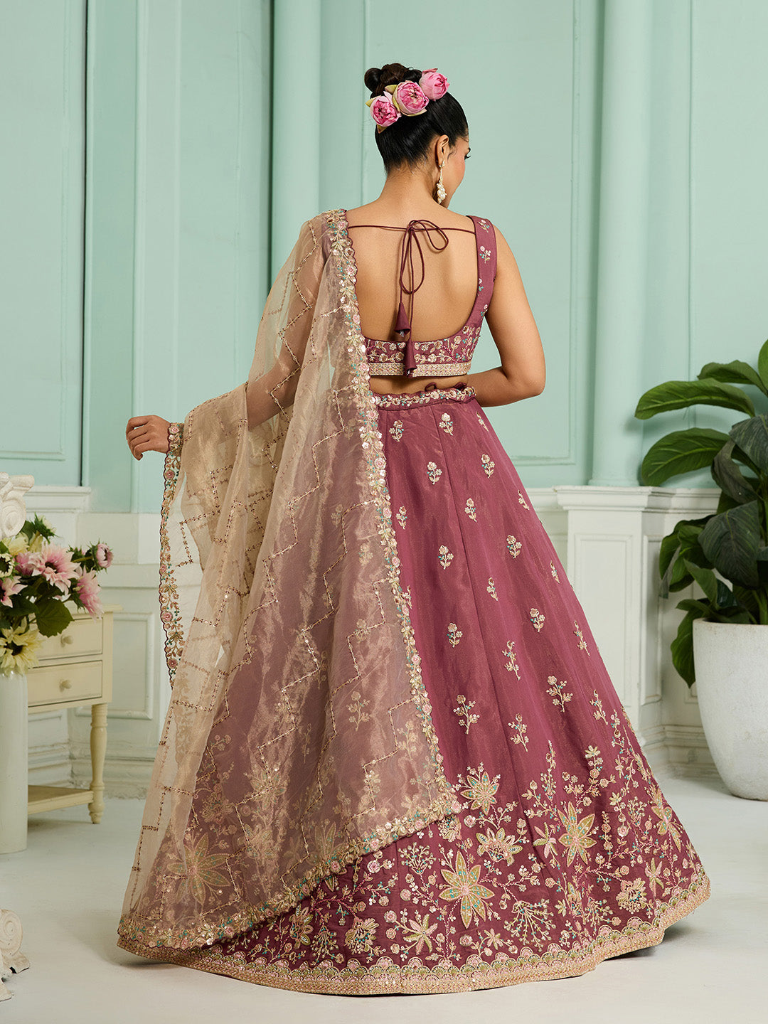 Rosegold- Georgette Fabric Sequins embroidery Semi-Stitched Lehenga & Unstitched Blouse With Dupatta - qivii