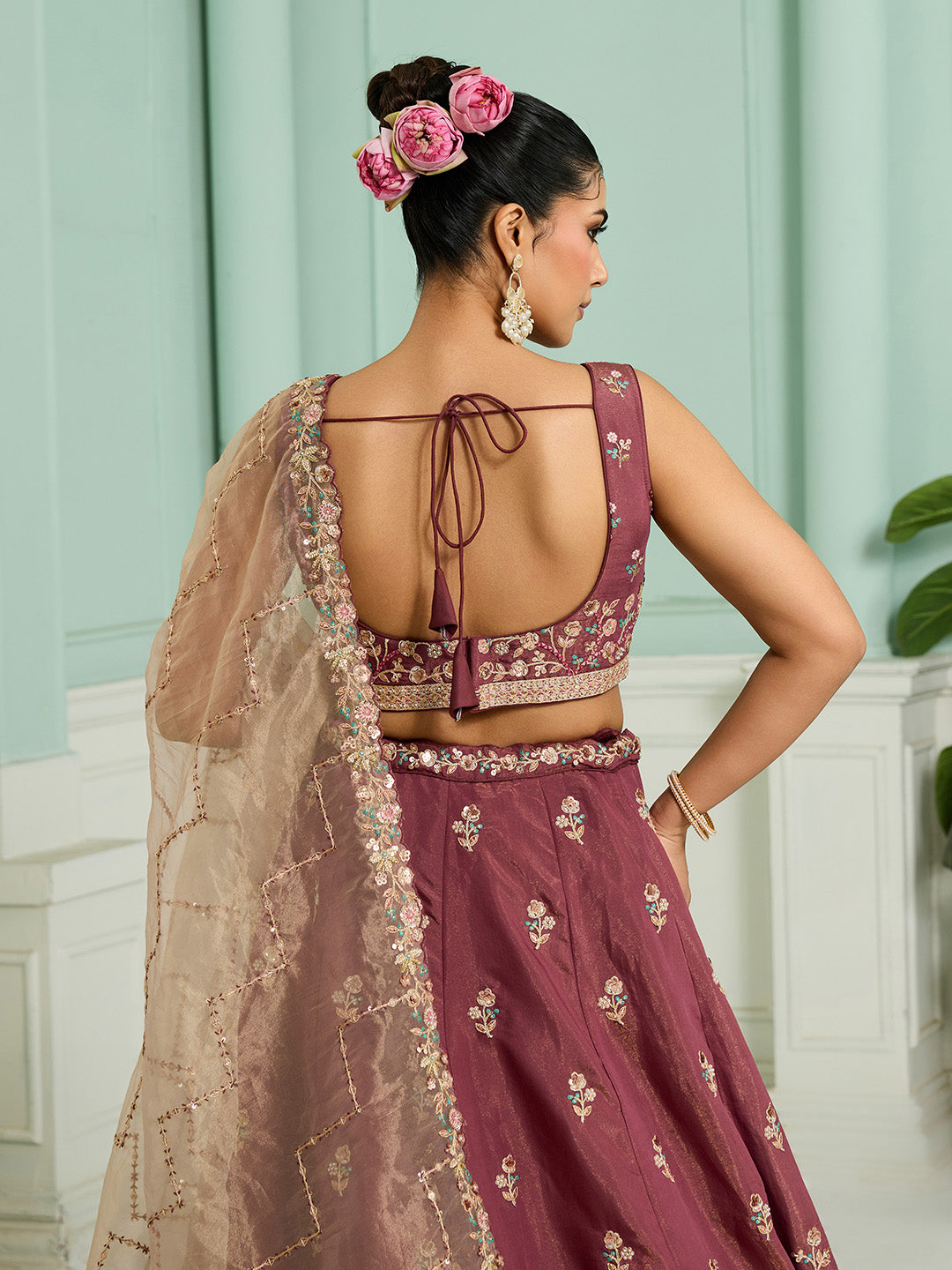 Rosegold- Georgette Fabric Sequins embroidery Semi-Stitched Lehenga & Unstitched Blouse With Dupatta - qivii
