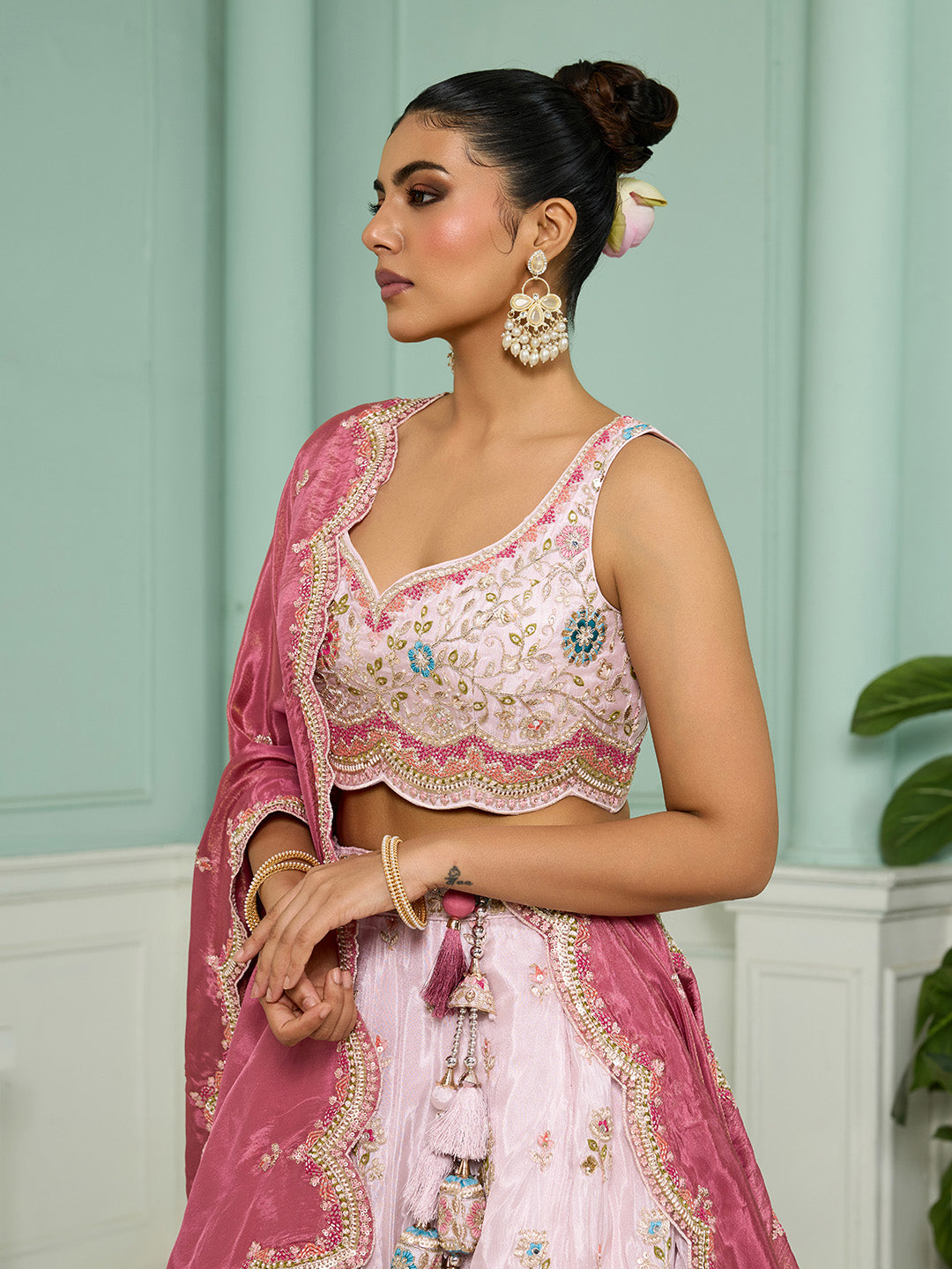 Pink- Tissue Fabric Sequins embroidery Semi-Stitched Lehenga & Unstitched Blouse With Dupatta - qivii