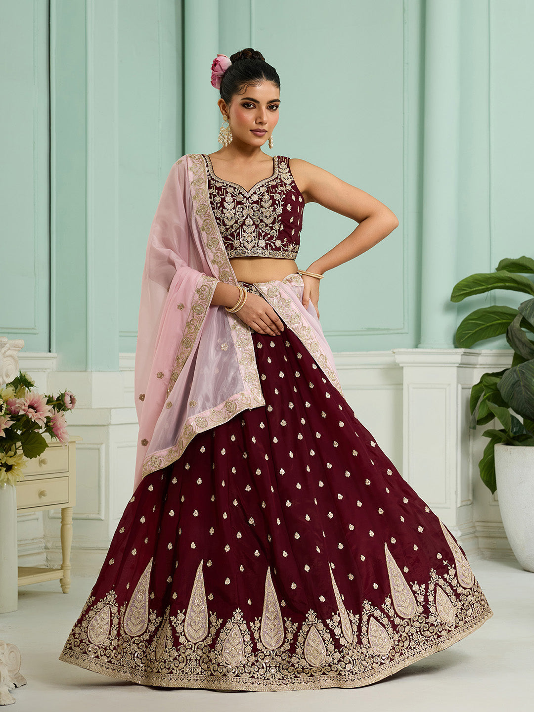 Maroon- Organza Fabric Sequins embroidery Semi-Stitched Lehenga & Unstitched Blouse With Dupatta - qivii
