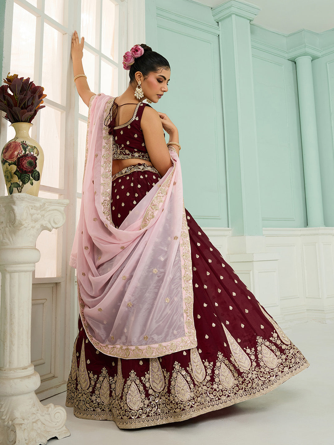 Maroon- Organza Fabric Sequins embroidery Semi-Stitched Lehenga & Unstitched Blouse With Dupatta - qivii