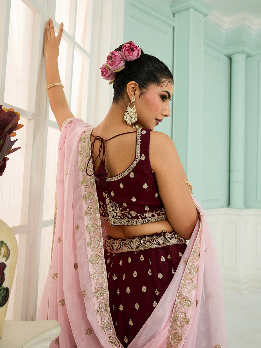 Maroon- Organza Fabric Sequins embroidery Semi-Stitched Lehenga & Unstitched Blouse With Dupatta - qivii
