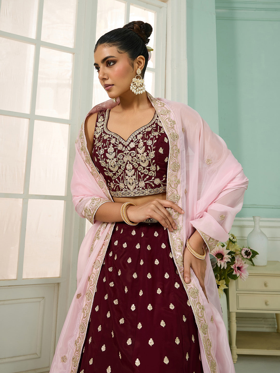 Maroon- Organza Fabric Sequins embroidery Semi-Stitched Lehenga & Unstitched Blouse With Dupatta - qivii