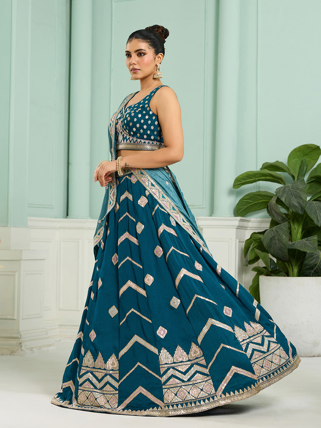 Teal- Silk Fabric Sequins embroidery Semi-Stitched Lehenga & Unstitched Blouse With Dupatta - qivii