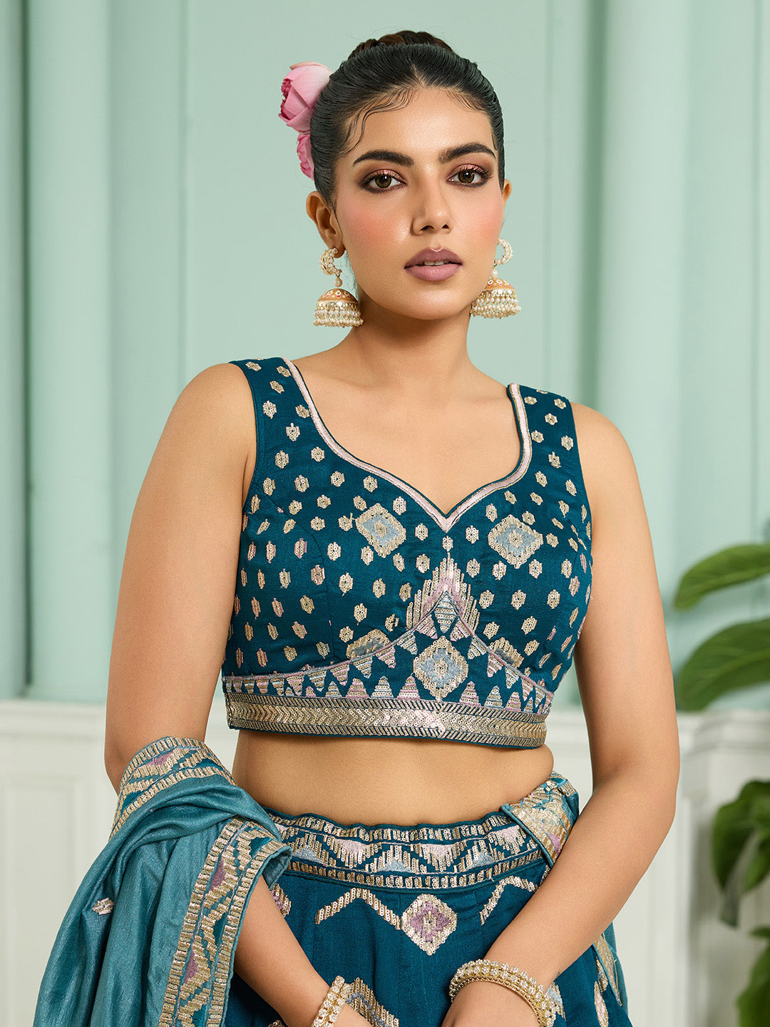Teal- Silk Fabric Sequins embroidery Semi-Stitched Lehenga & Unstitched Blouse With Dupatta - qivii