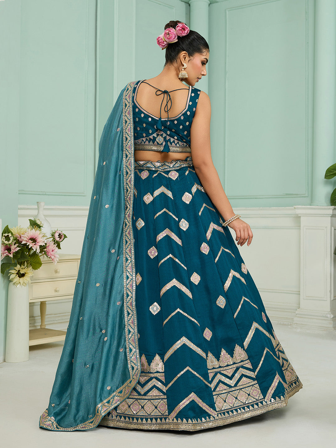 Teal- Silk Fabric Sequins embroidery Semi-Stitched Lehenga & Unstitched Blouse With Dupatta - qivii