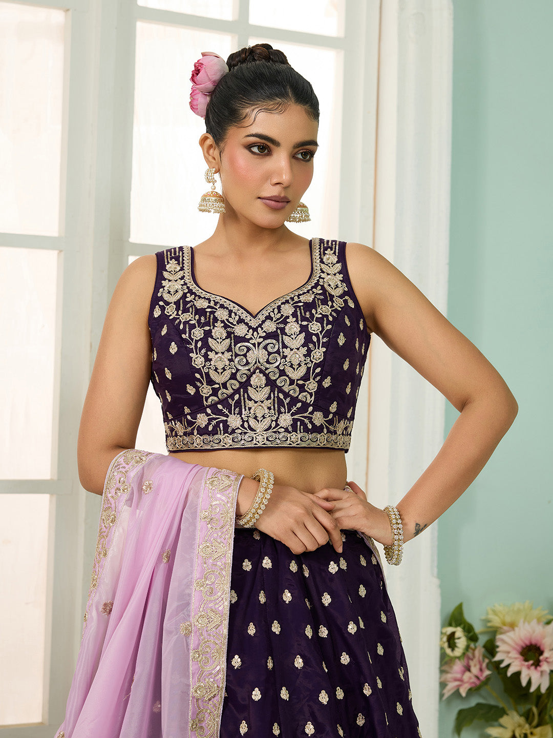 Purple- Organza Fabric Sequins embroidery Semi-Stitched Lehenga & Unstitched Blouse With Dupatta - qivii
