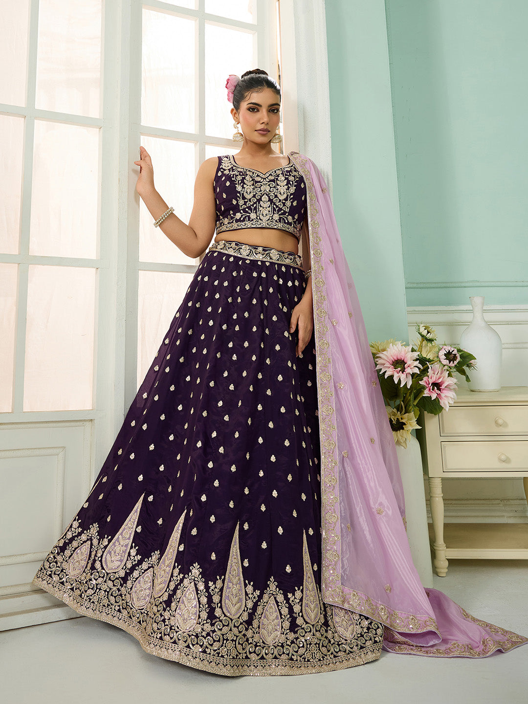 Purple- Organza Fabric Sequins embroidery Semi-Stitched Lehenga & Unstitched Blouse With Dupatta - qivii