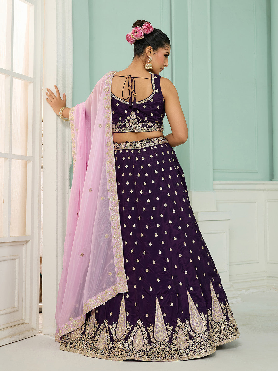 Purple- Organza Fabric Sequins embroidery Semi-Stitched Lehenga & Unstitched Blouse With Dupatta - qivii
