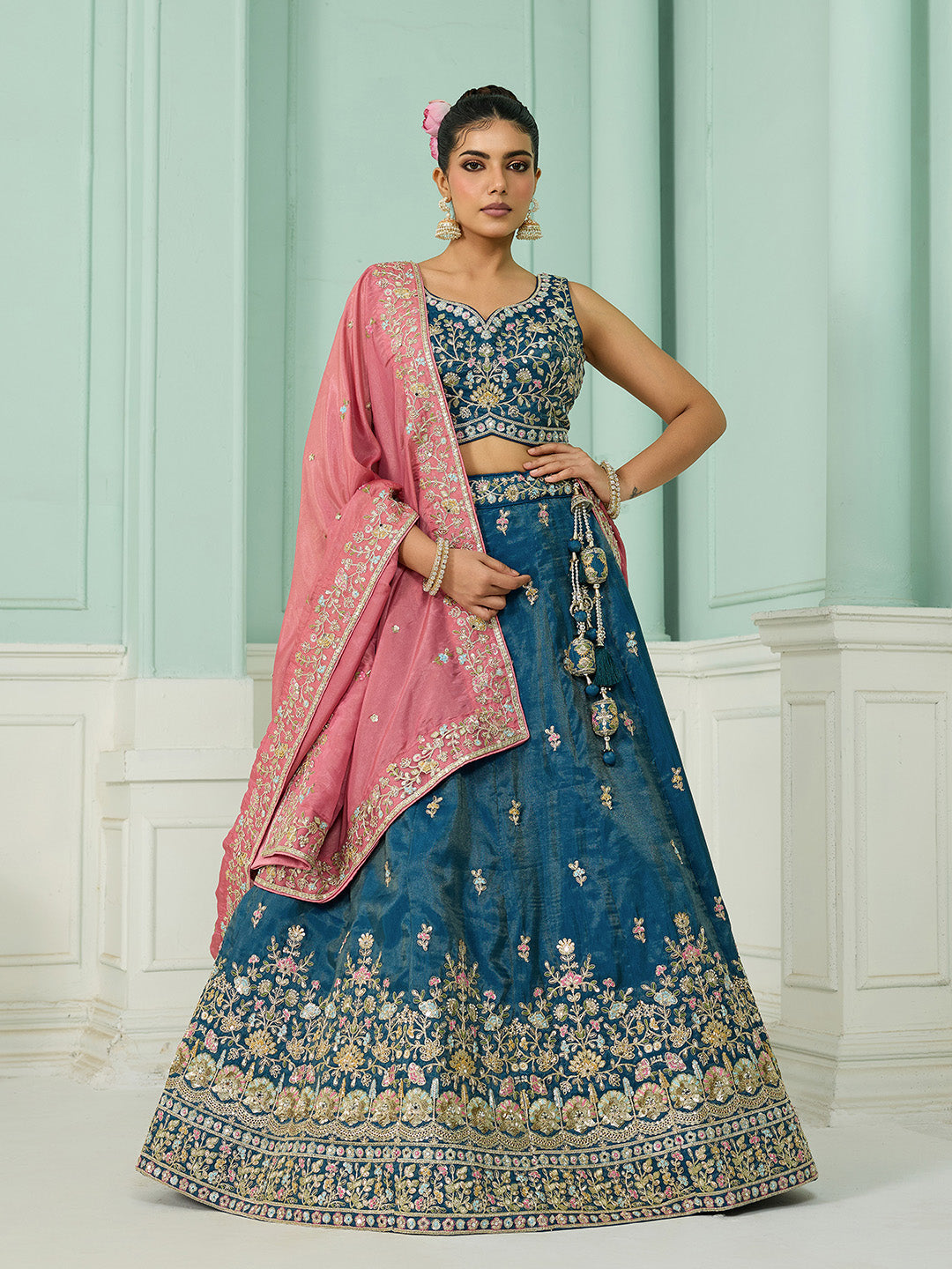 Teal- Silk Fabric Sequins embroidery Semi-Stitched Lehenga & Unstitched Blouse With Dupatta - qivii