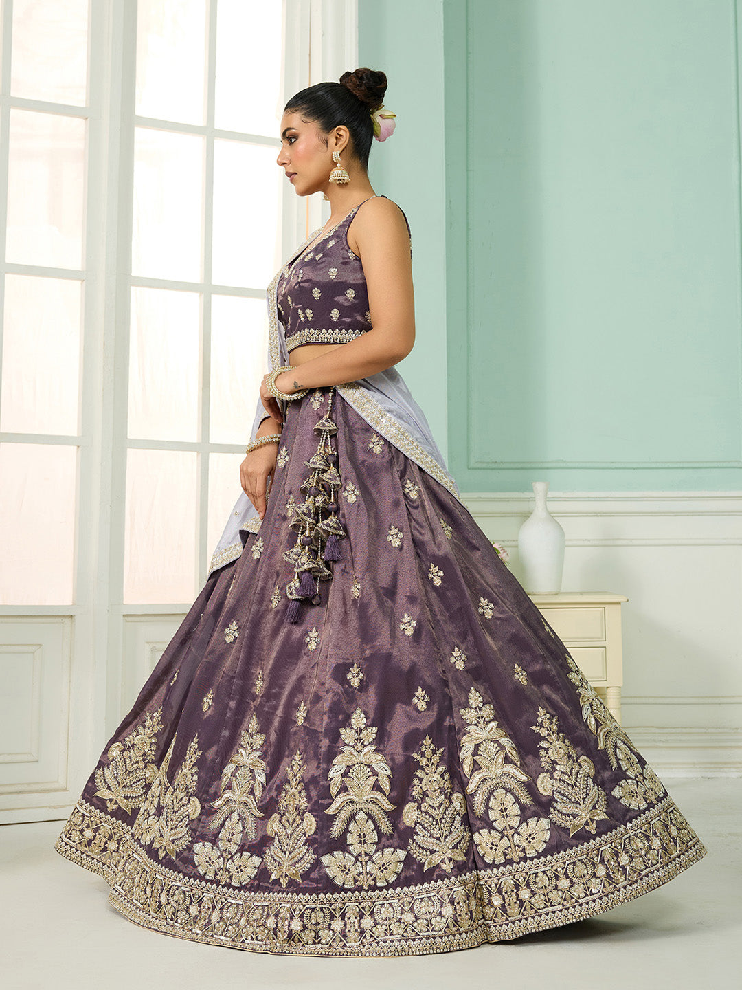 Purple- Tissue Fabric Sequins embroidery Semi-Stitched Lehenga & Unstitched Blouse With Dupatta - qivii