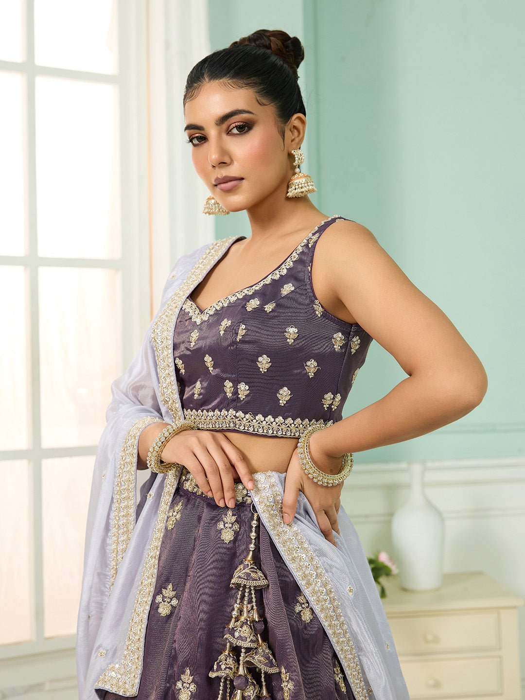 Purple- Tissue Fabric Sequins embroidery Semi-Stitched Lehenga & Unstitched Blouse With Dupatta - qivii