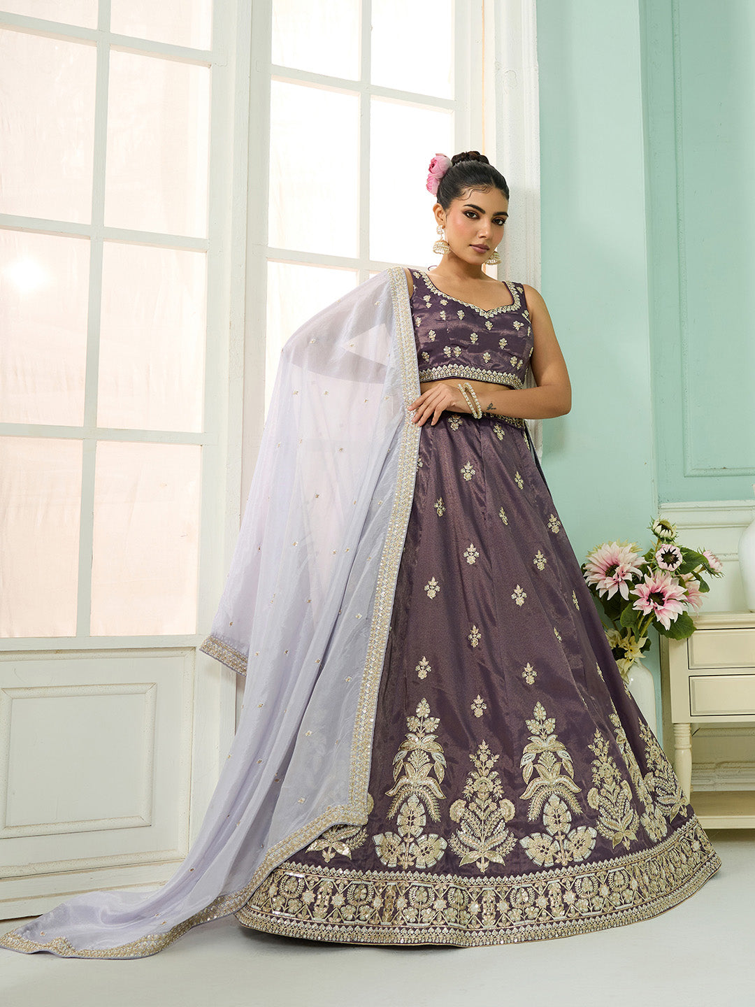 Purple- Tissue Fabric Sequins embroidery Semi-Stitched Lehenga & Unstitched Blouse With Dupatta - qivii