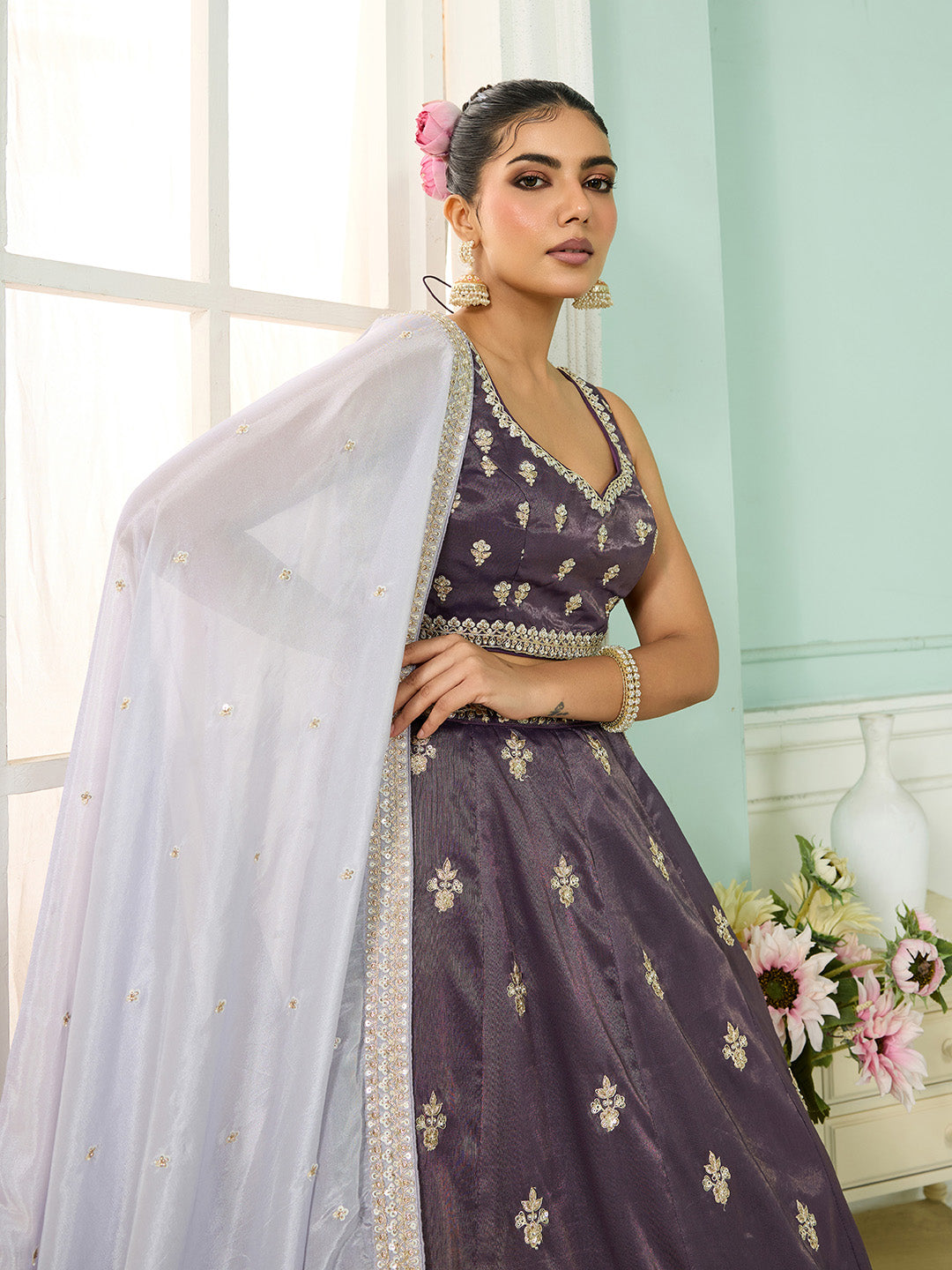Purple- Tissue Fabric Sequins embroidery Semi-Stitched Lehenga & Unstitched Blouse With Dupatta - qivii