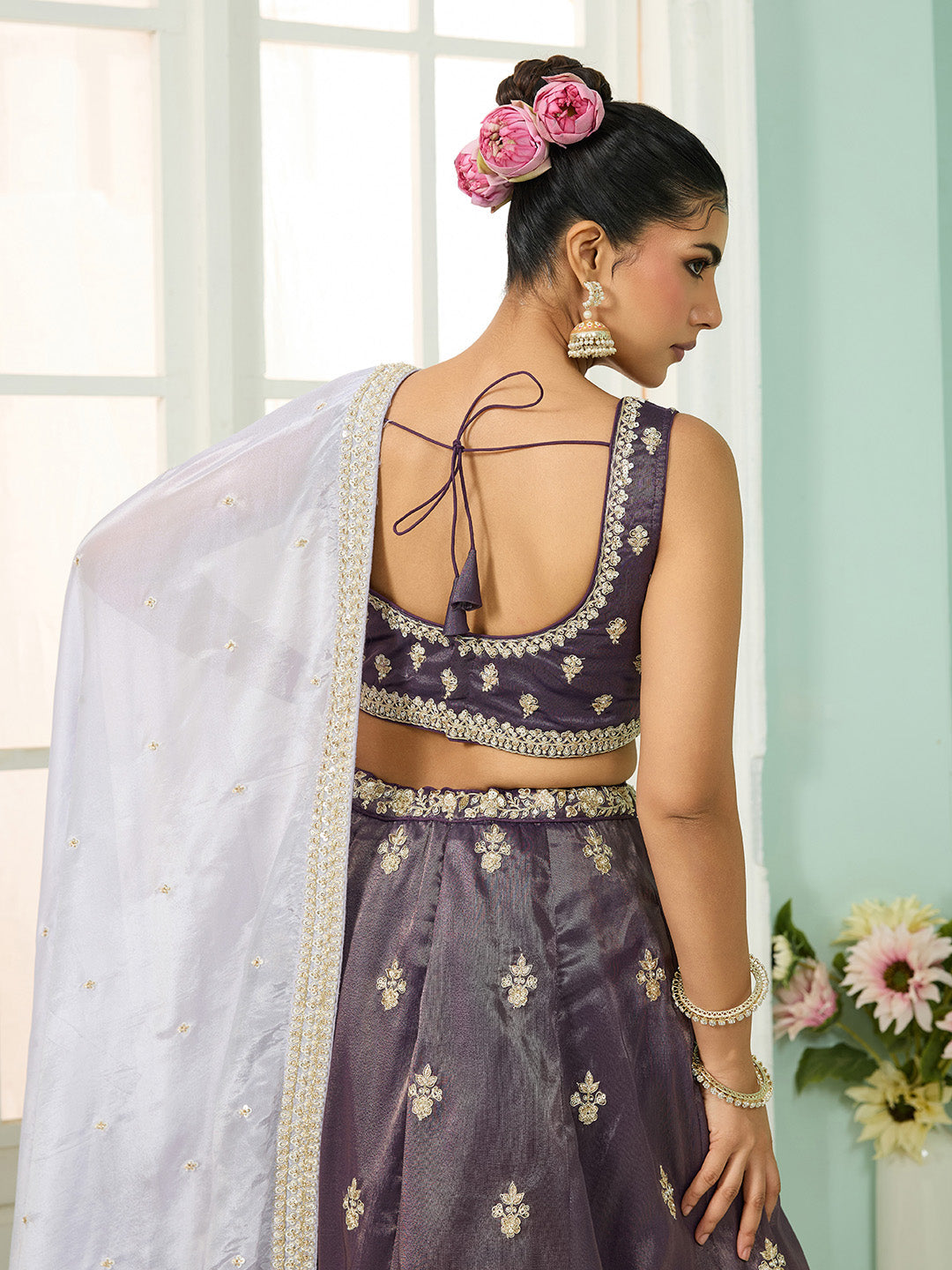 Purple- Tissue Fabric Sequins embroidery Semi-Stitched Lehenga & Unstitched Blouse With Dupatta - qivii