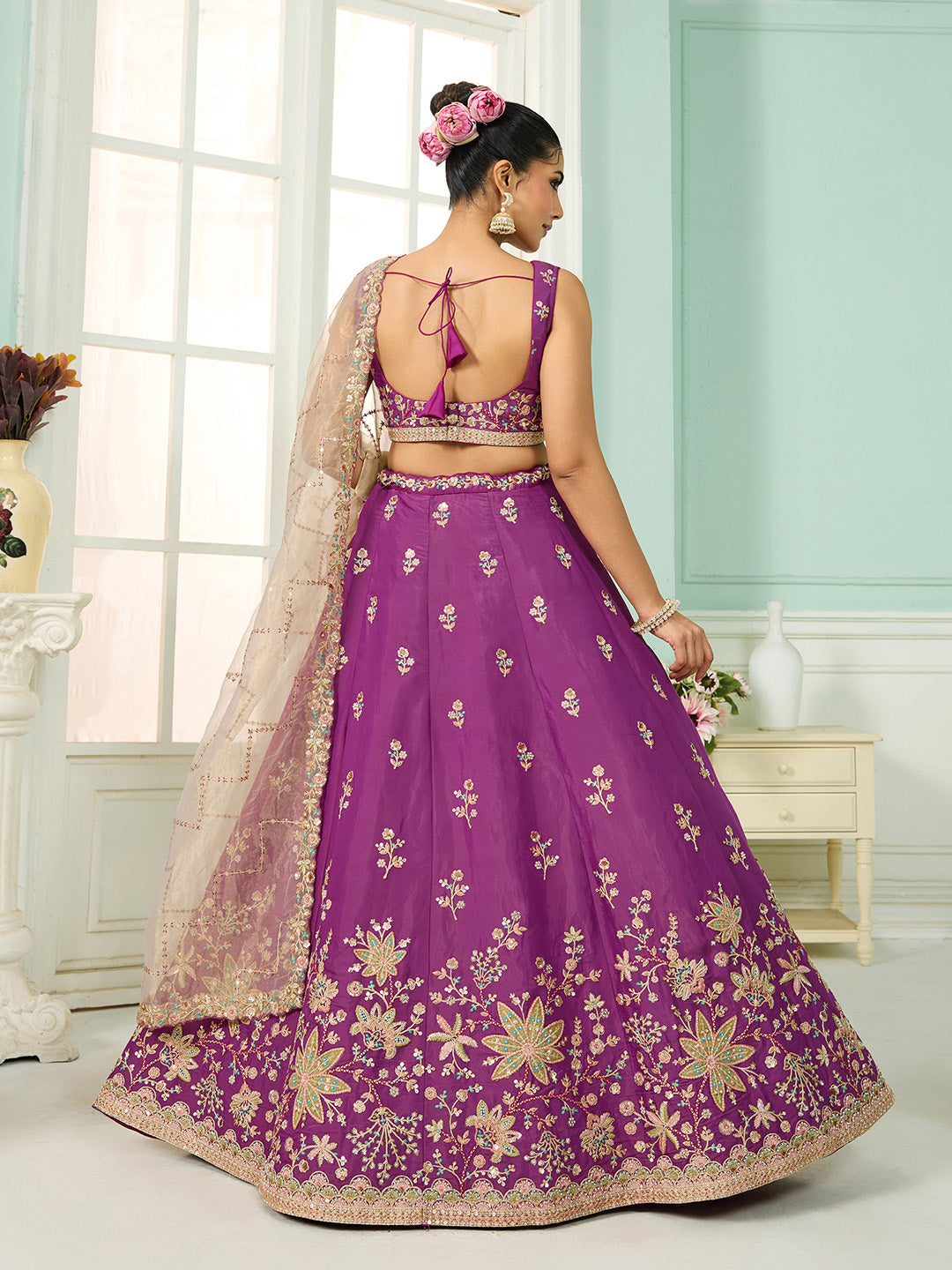 Burgundy- Georgette Fabric Sequins embroidery Semi-Stitched Lehenga & Unstitched Blouse With Dupatta - qivii