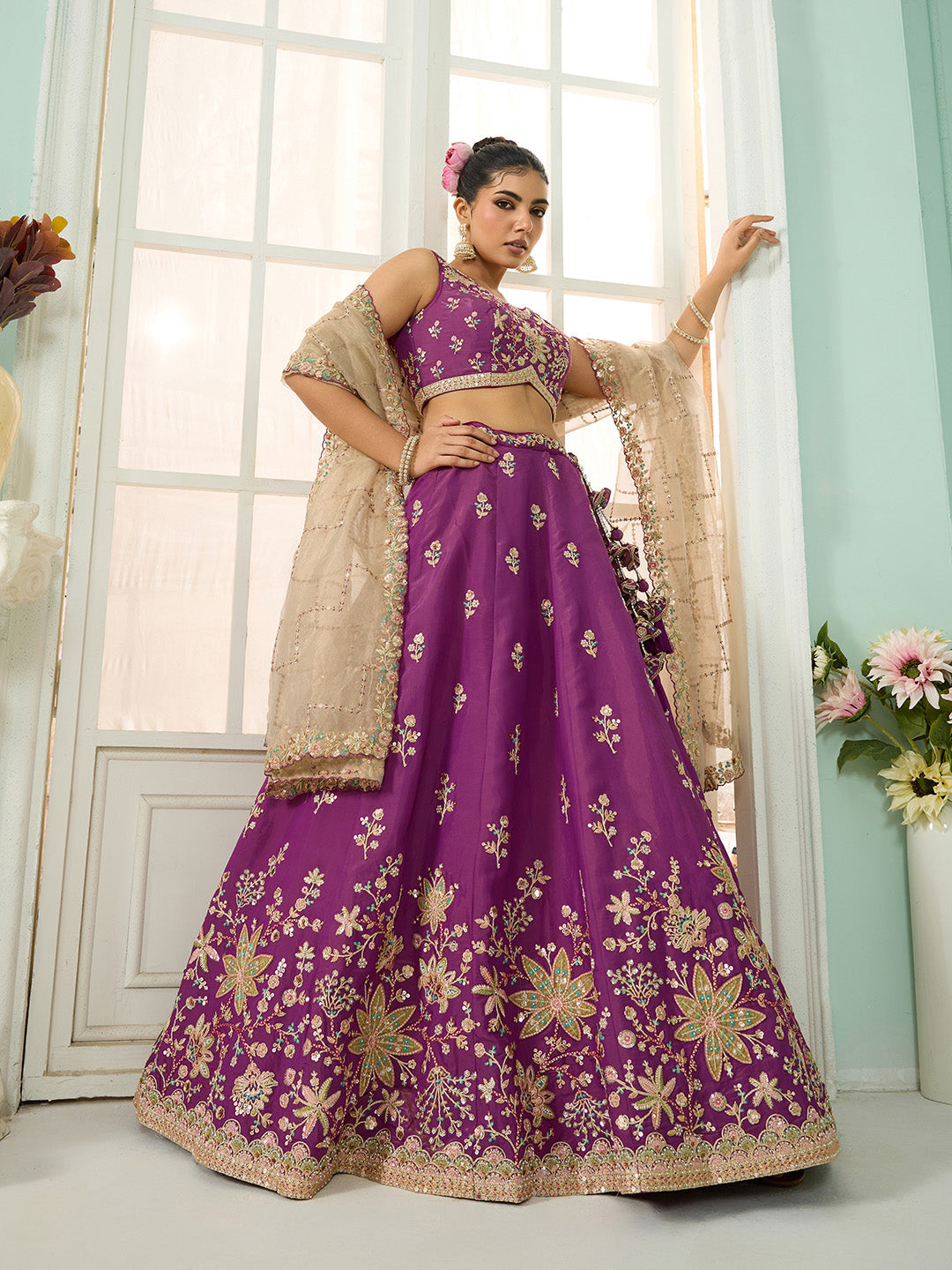 Burgundy- Georgette Fabric Sequins embroidery Semi-Stitched Lehenga & Unstitched Blouse With Dupatta - qivii
