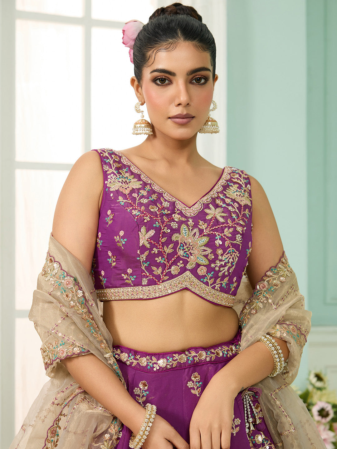 Burgundy- Georgette Fabric Sequins embroidery Semi-Stitched Lehenga & Unstitched Blouse With Dupatta - qivii