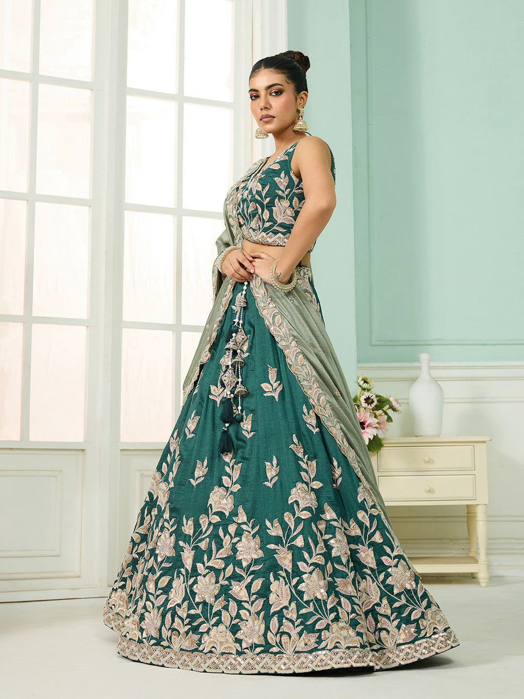 Green- Silk Fabric Sequins embroidery Semi-Stitched Lehenga & Unstitched Blouse With Dupatta - qivii