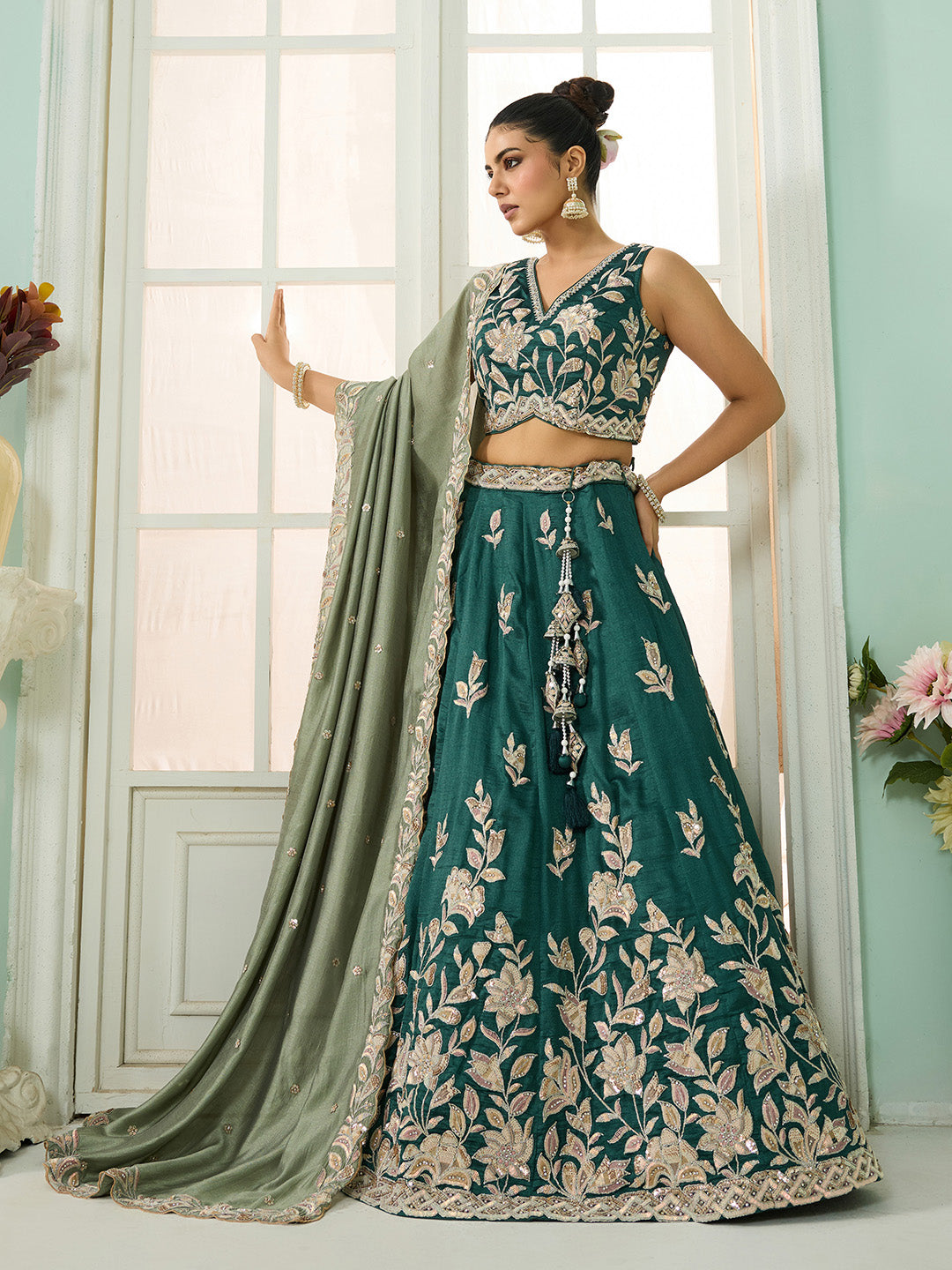 Green- Silk Fabric Sequins embroidery Semi-Stitched Lehenga & Unstitched Blouse With Dupatta - qivii