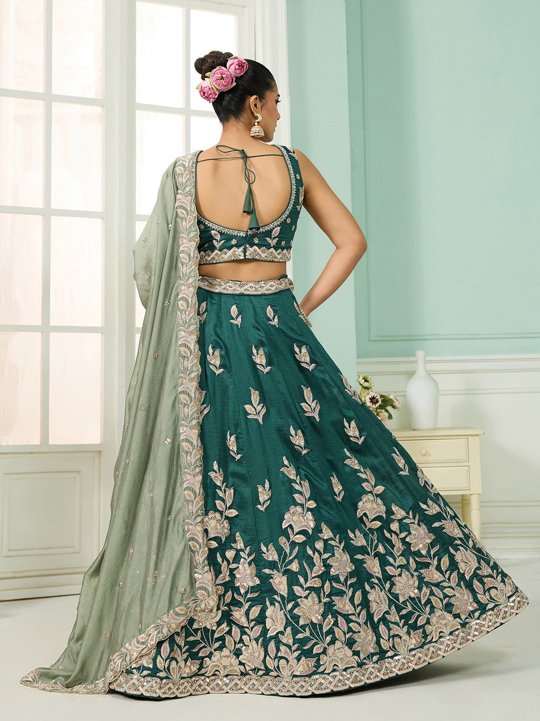 Green- Silk Fabric Sequins embroidery Semi-Stitched Lehenga & Unstitched Blouse With Dupatta - qivii