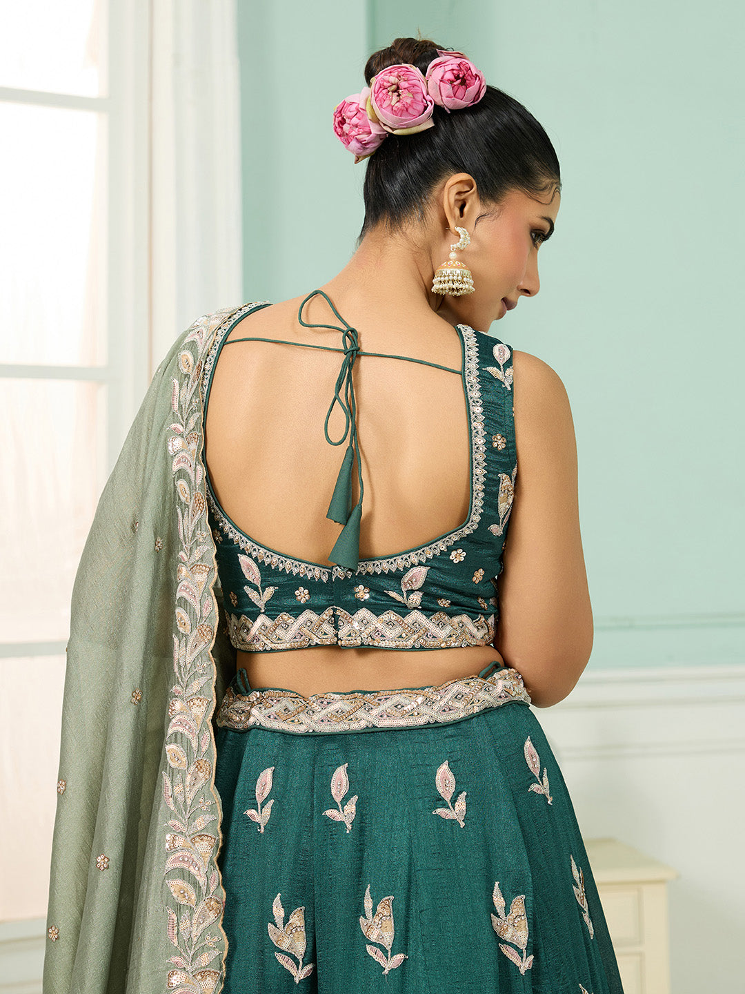 Green- Silk Fabric Sequins embroidery Semi-Stitched Lehenga & Unstitched Blouse With Dupatta - qivii