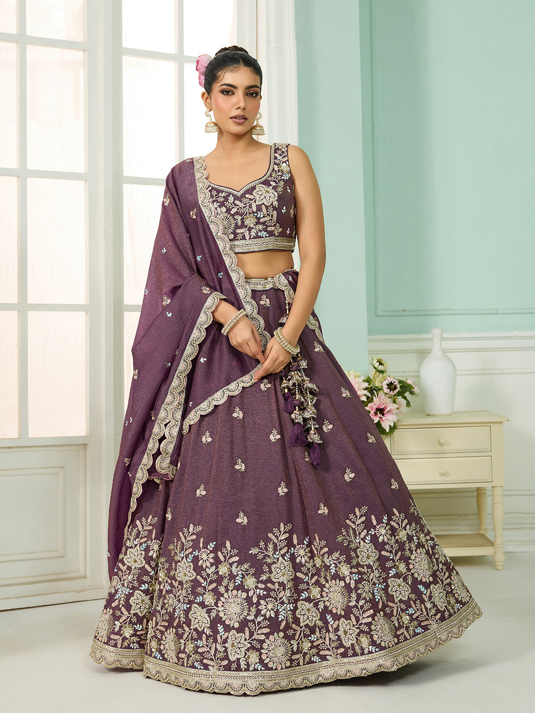 Purple- Tissue Fabric Sequins embroidery Semi-Stitched Lehenga & Unstitched Blouse With Dupatta - qivii