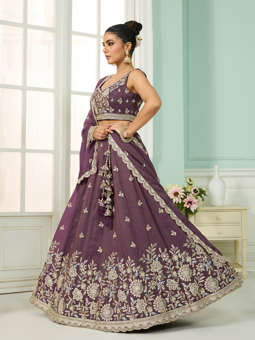 Purple- Tissue Fabric Sequins embroidery Semi-Stitched Lehenga & Unstitched Blouse With Dupatta - qivii