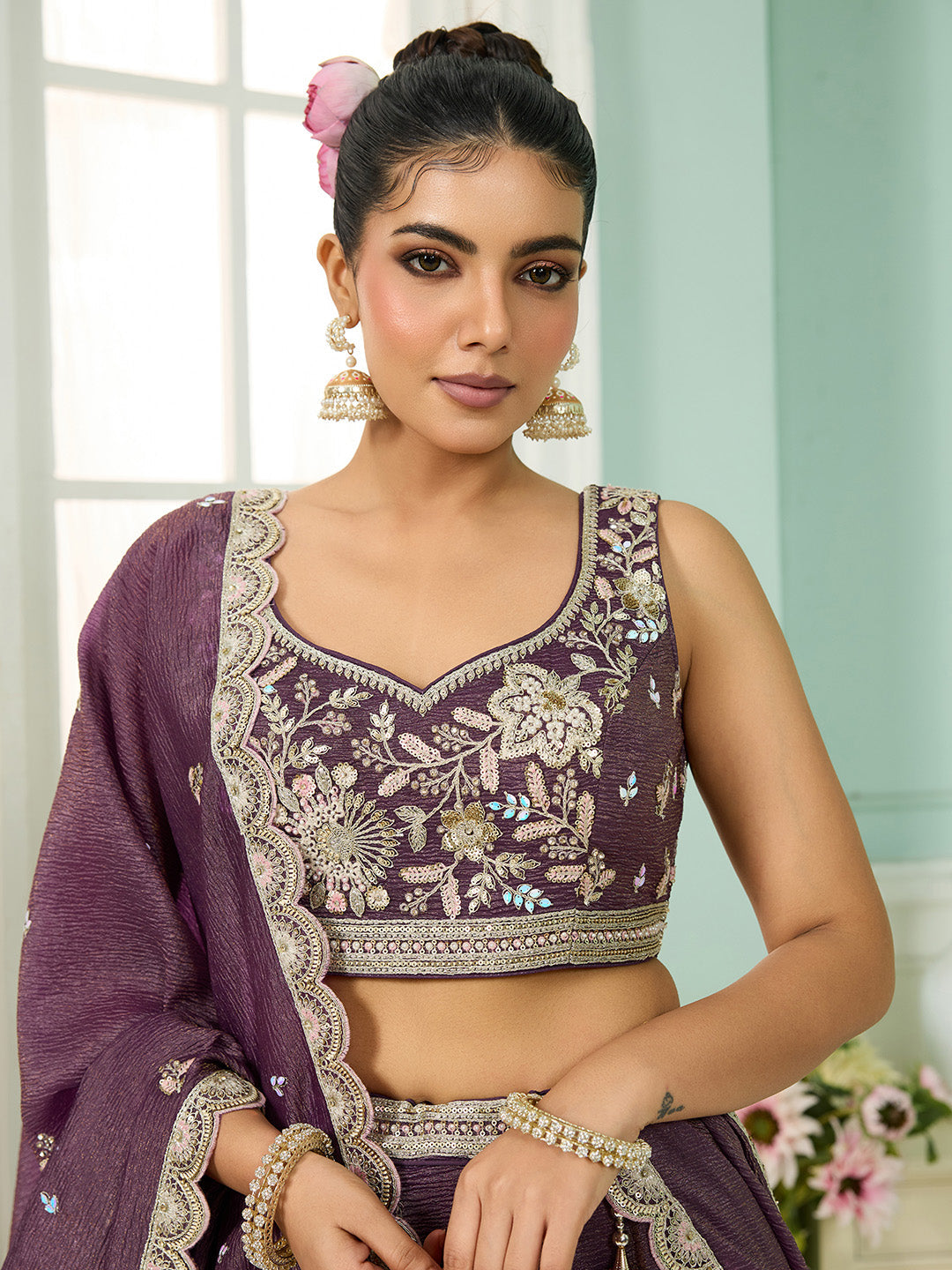 Purple- Tissue Fabric Sequins embroidery Semi-Stitched Lehenga & Unstitched Blouse With Dupatta - qivii