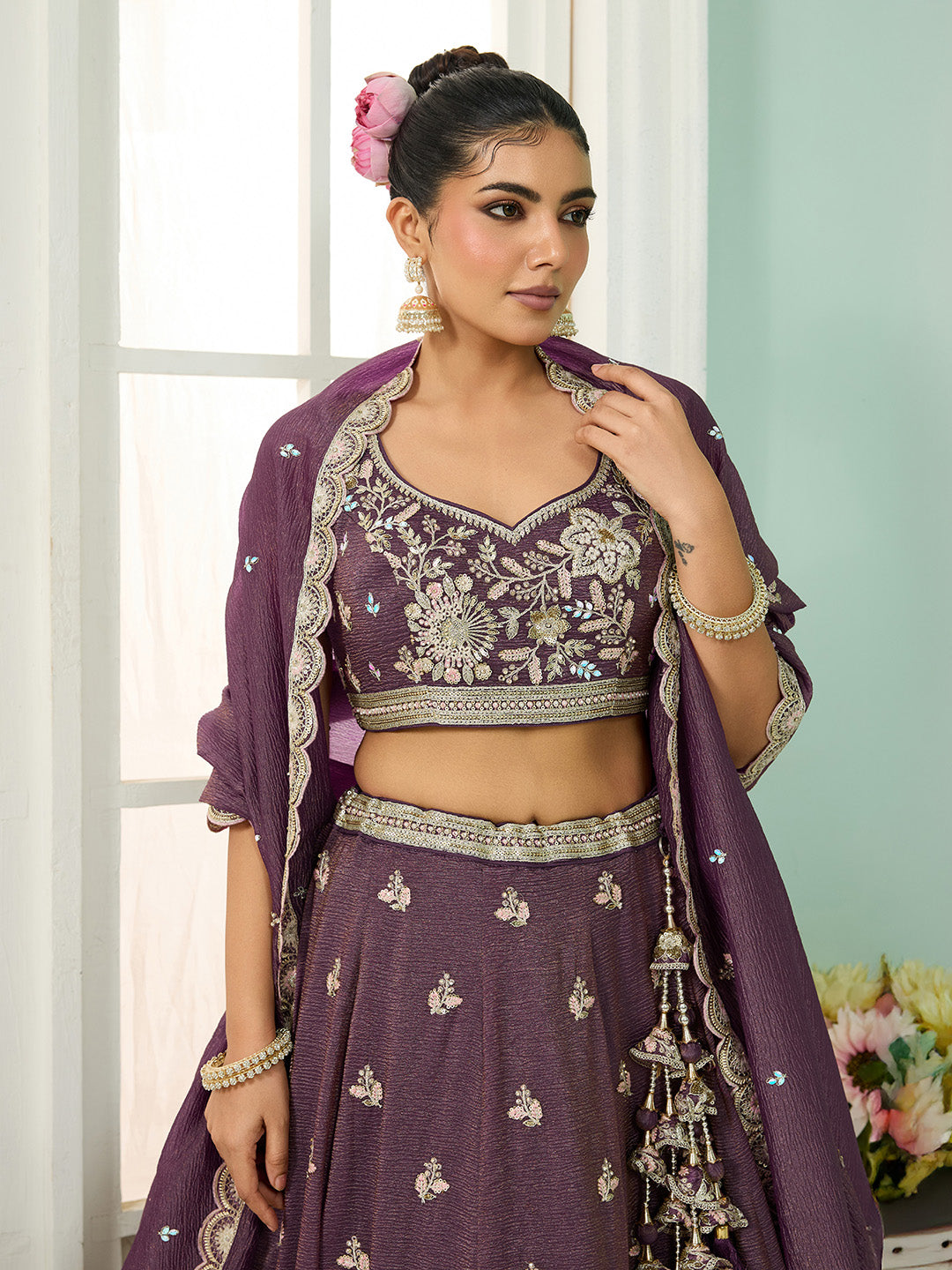 Purple- Tissue Fabric Sequins embroidery Semi-Stitched Lehenga & Unstitched Blouse With Dupatta - qivii
