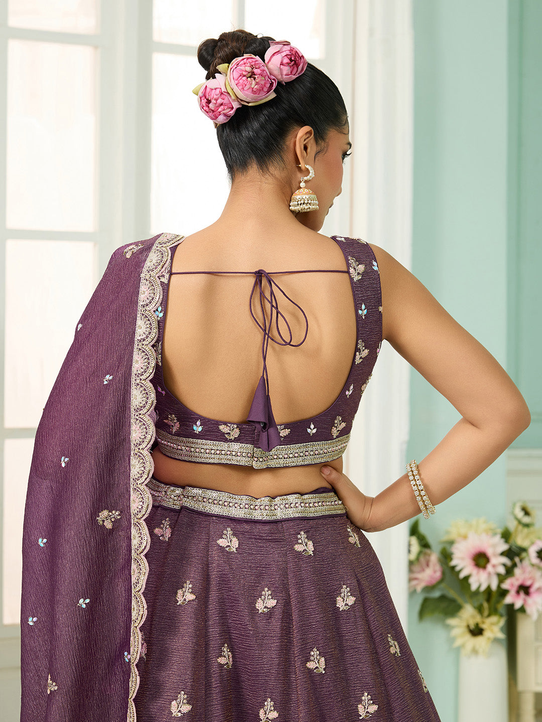 Purple- Tissue Fabric Sequins embroidery Semi-Stitched Lehenga & Unstitched Blouse With Dupatta - qivii