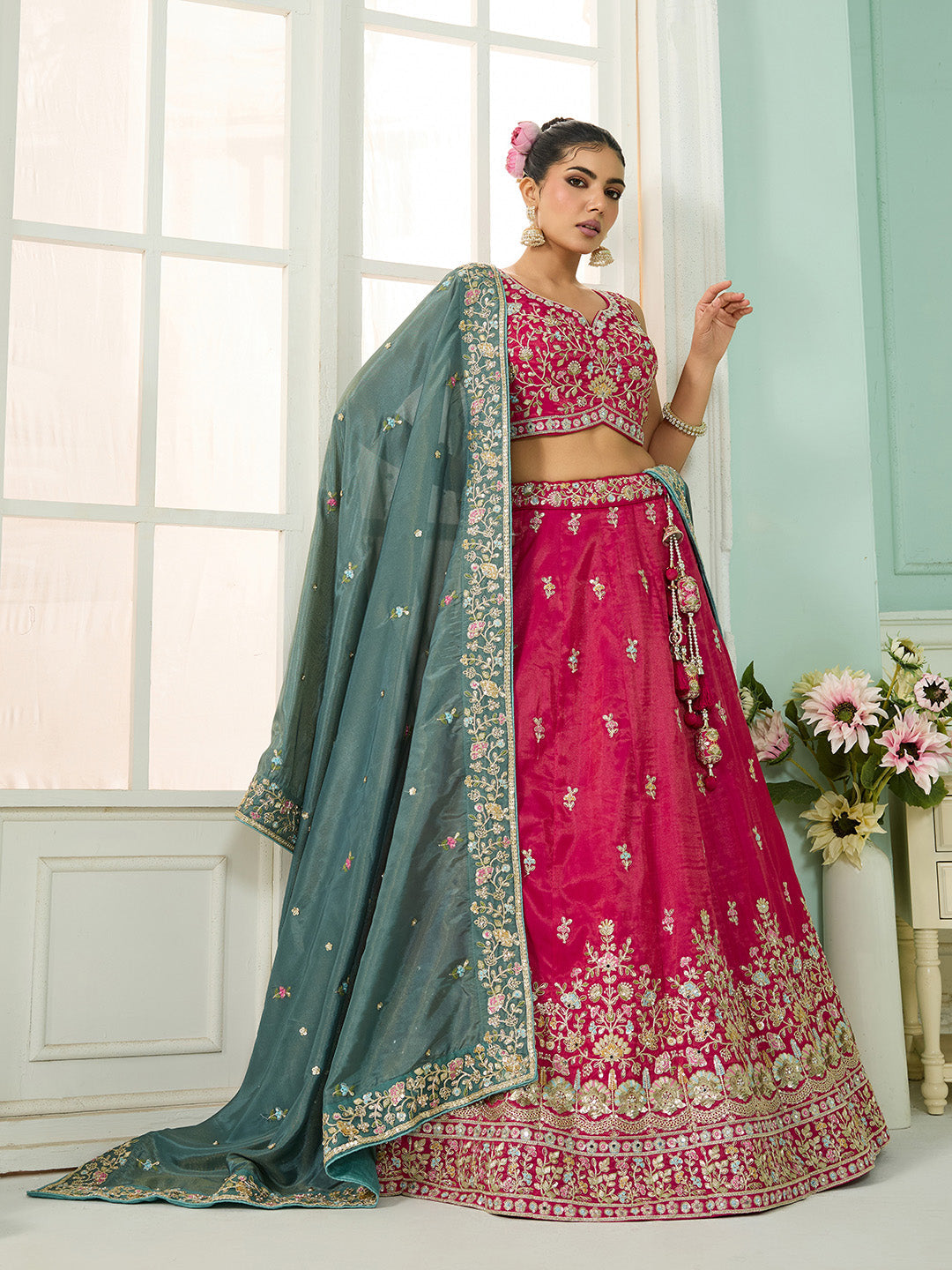 Pink- Silk Fabric Sequins embroidery Semi-Stitched Lehenga & Unstitched Blouse With Dupatta - qivii