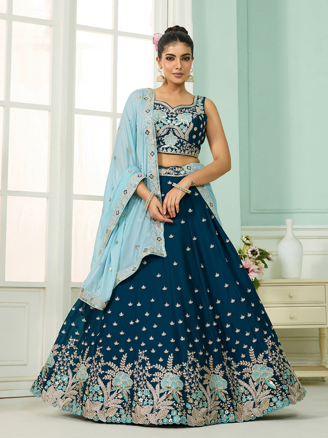 Teal- Georgette Fabric Sequins embroidery Semi-Stitched Lehenga & Unstitched Blouse With Dupatta - qivii