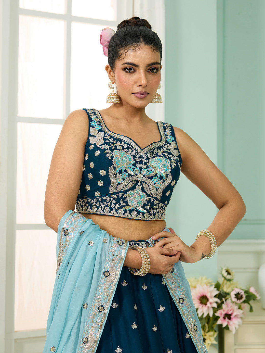 Teal- Georgette Fabric Sequins embroidery Semi-Stitched Lehenga & Unstitched Blouse With Dupatta - qivii