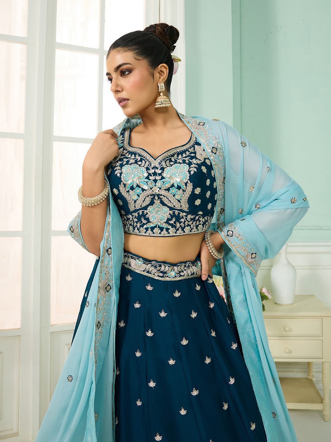 Teal- Georgette Fabric Sequins embroidery Semi-Stitched Lehenga & Unstitched Blouse With Dupatta - qivii