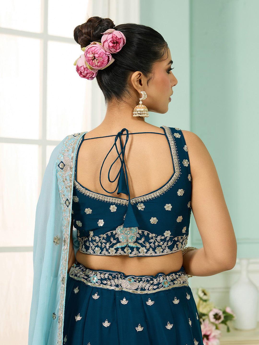 Teal- Georgette Fabric Sequins embroidery Semi-Stitched Lehenga & Unstitched Blouse With Dupatta - qivii