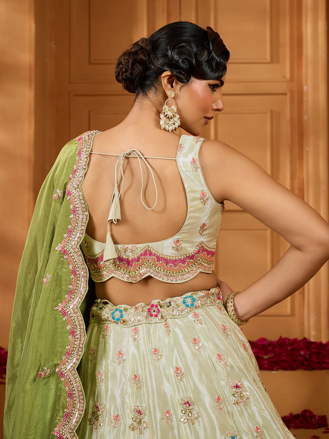 Limegreen- Tissue Fabric Sequins embroidery Semi-Stitched Lehenga & Unstitched Blouse With Dupatta - qivii