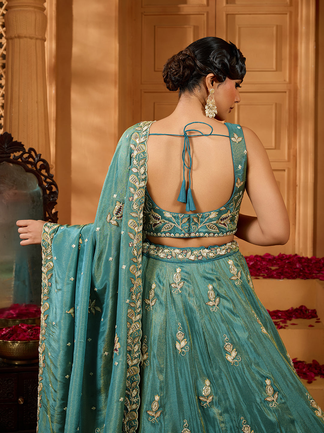 Green- Tissue Fabric Sequins embroidery Semi-Stitched Lehenga & Unstitched Blouse With Dupatta - qivii