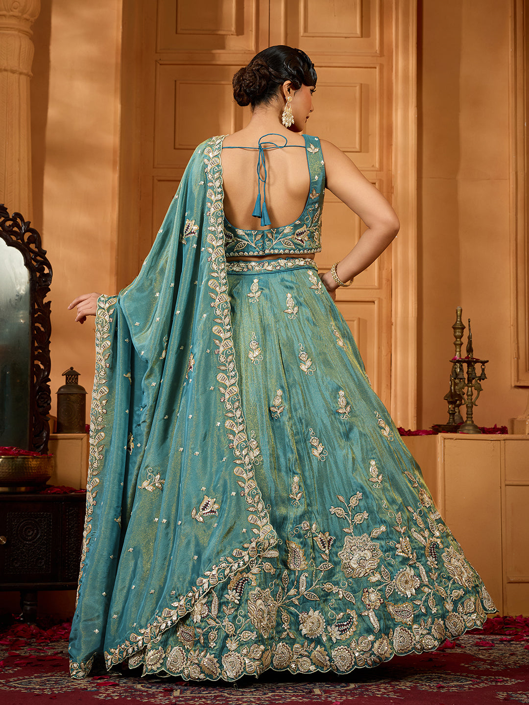 Green- Tissue Fabric Sequins embroidery Semi-Stitched Lehenga & Unstitched Blouse With Dupatta - qivii
