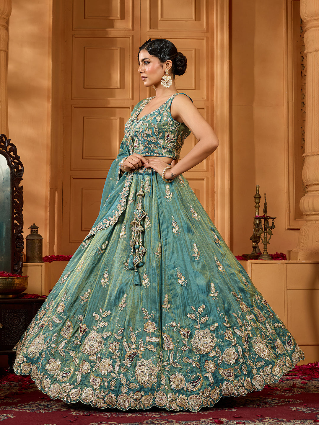 Green- Tissue Fabric Sequins embroidery Semi-Stitched Lehenga & Unstitched Blouse With Dupatta - qivii