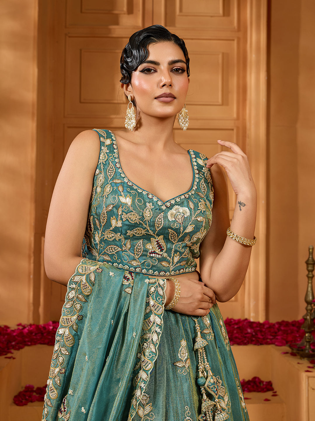 Green- Tissue Fabric Sequins embroidery Semi-Stitched Lehenga & Unstitched Blouse With Dupatta - qivii
