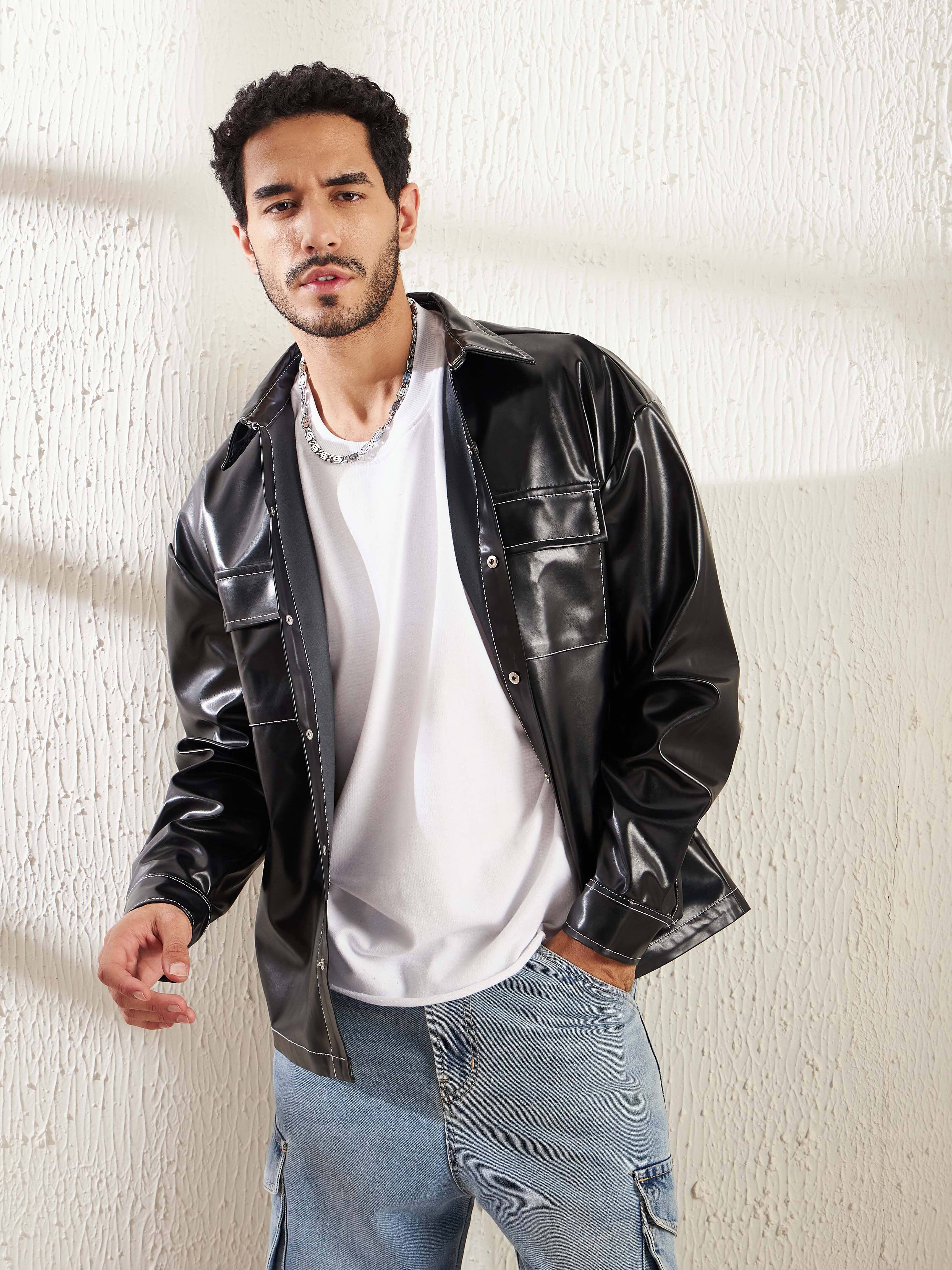 Black Contrast Stitch Pu OverShirt - qivii