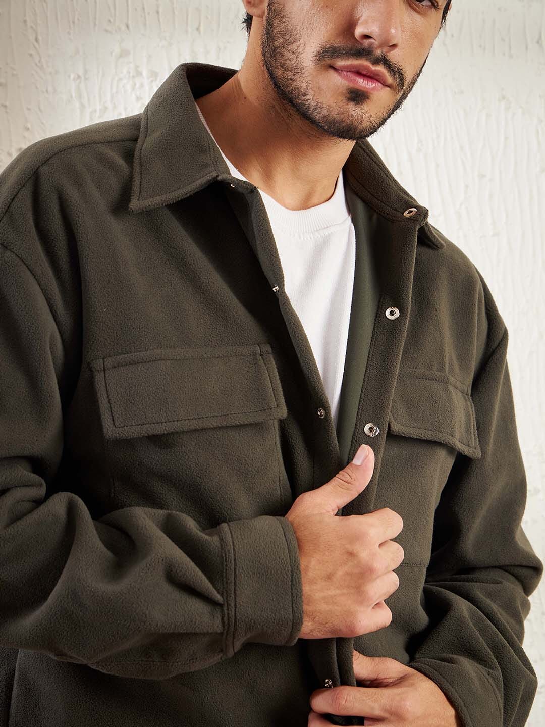 Khaki Polar Fleece Shacket - qivii