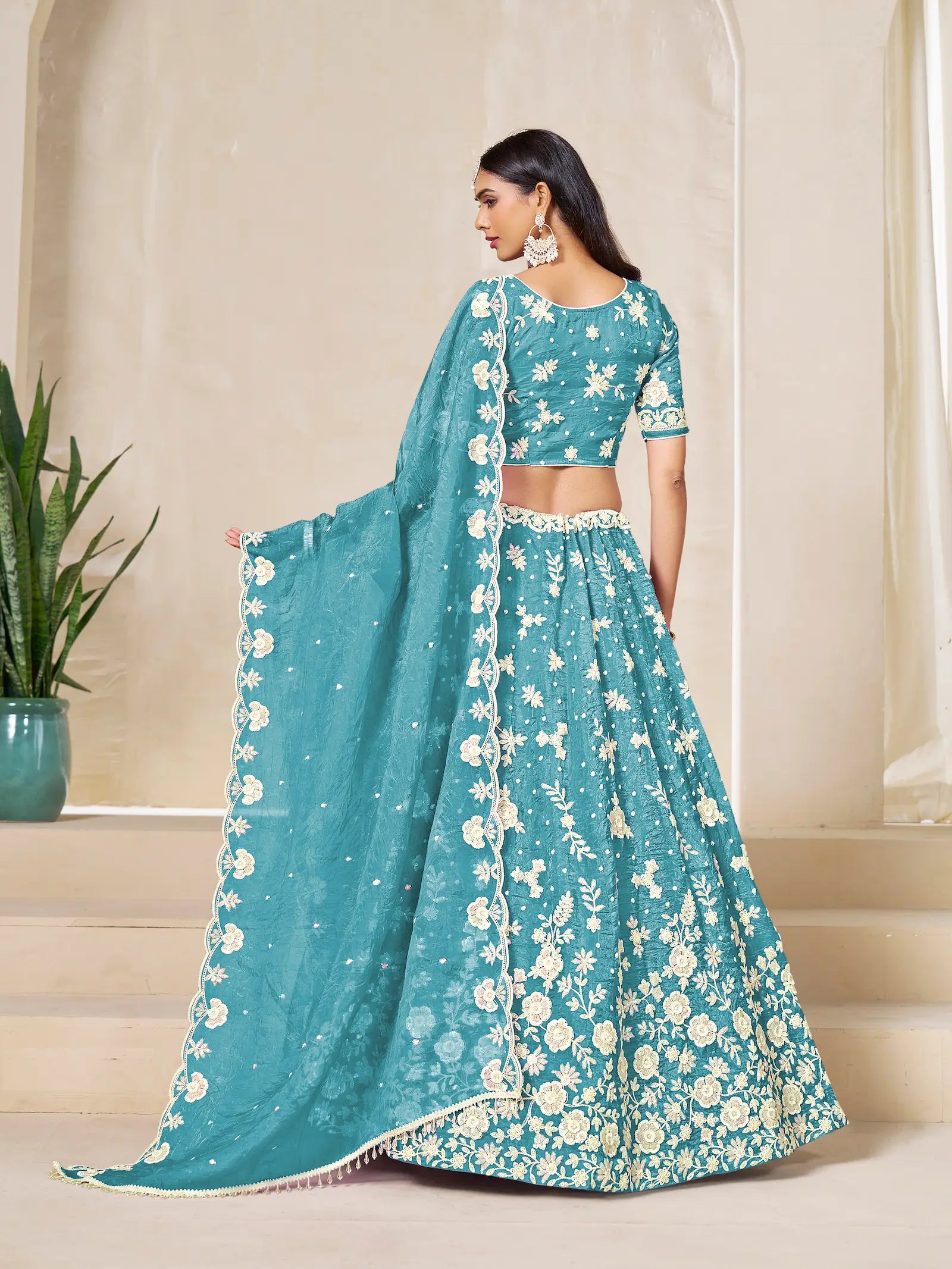 Sea Blue Gold Crush Embroidery Lehenga Choli - qivii