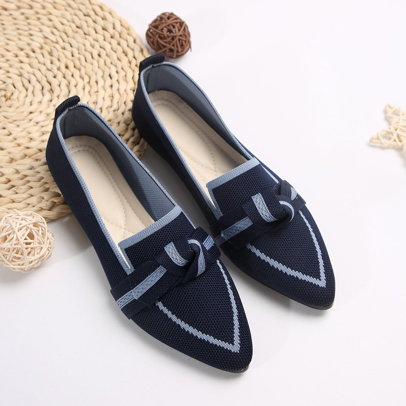 Women's Plus Size Knit Flat Loafers - Slip-On Bowknot Shallow Cut Lazy Work Shoes