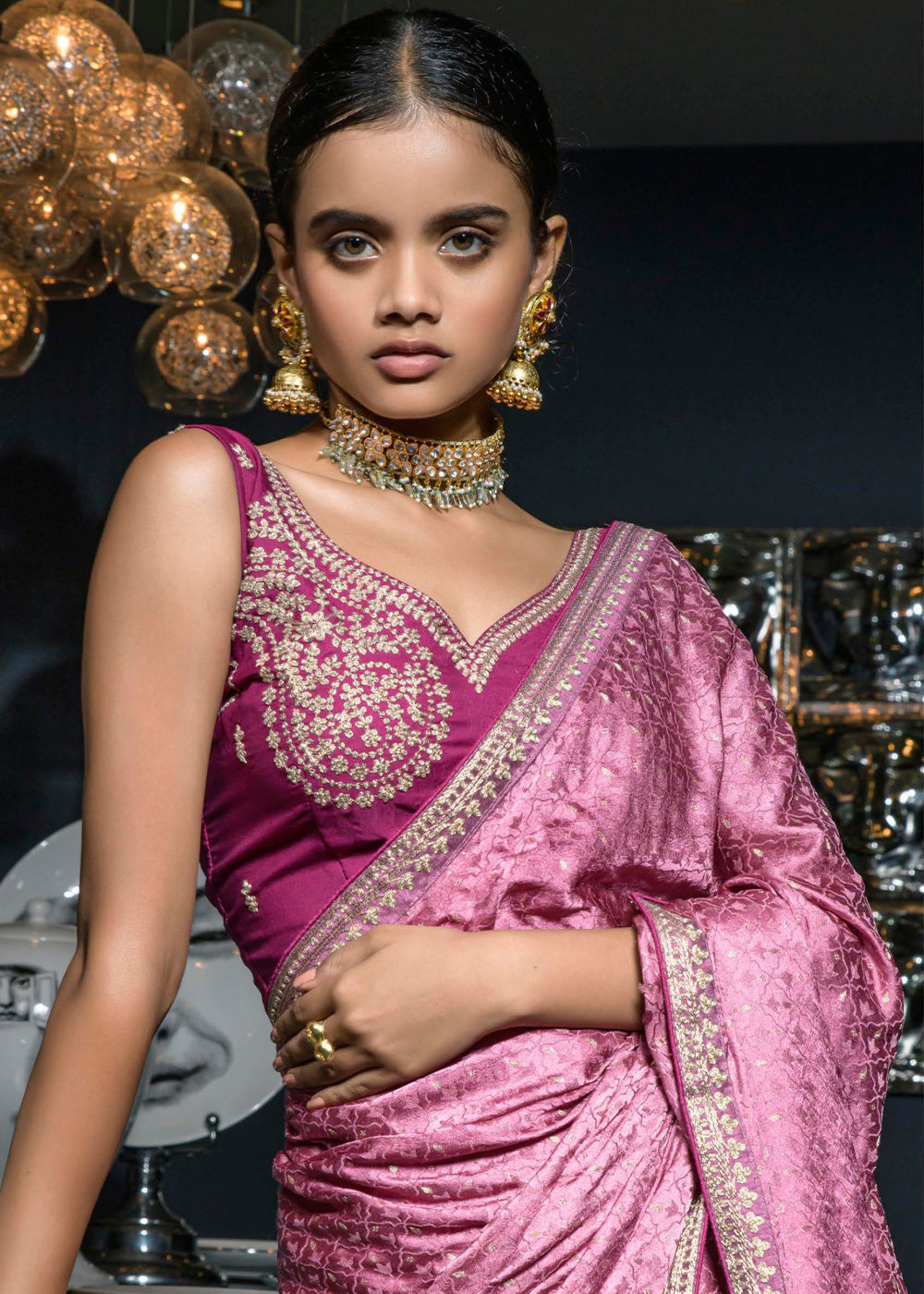 Shades Of Purple Embroidered Viscose Satin Saree - qivii