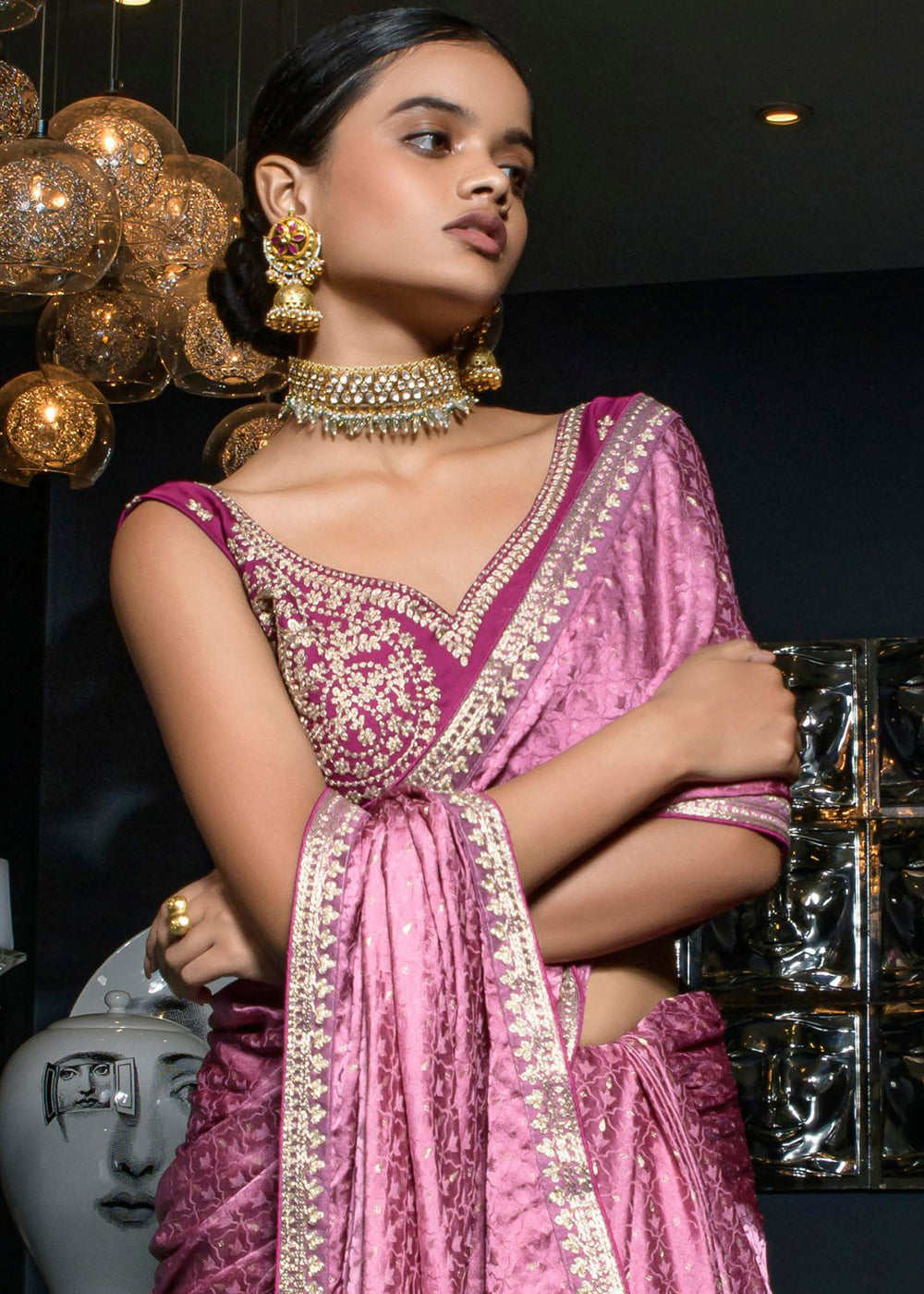 Shades Of Purple Embroidered Viscose Satin Saree - qivii