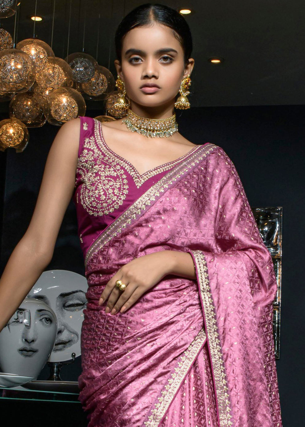 Shades Of Purple Embroidered Viscose Satin Saree - qivii